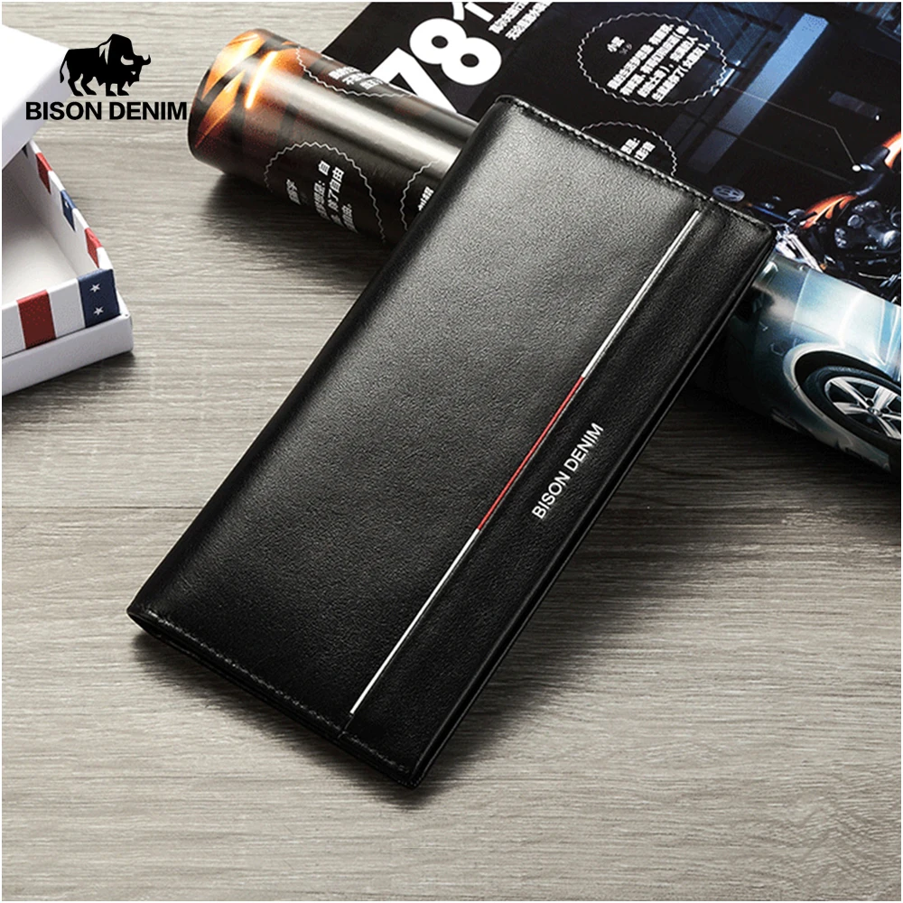 

BISON DENIM Men Wallet Genuine Leather Long Purse Luxury Brand Male Wallet Large Capacity Design Handy Slim Male Wallet N4465