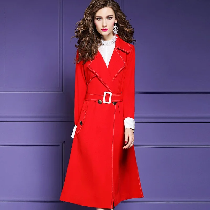 

Fashion Long sleeves office lady coats 2018 new High Quality spring autumn Solid coat red Women Vintage Winter Jacket with belt