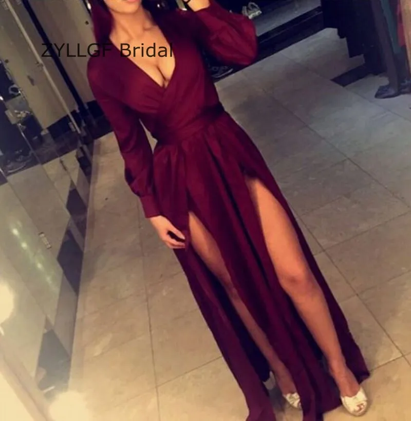 ZYLLGF Свадебные Sexy Глубокий V Шеи Длинным Пром Dress Длина Пола открыть Ног Женщины Party