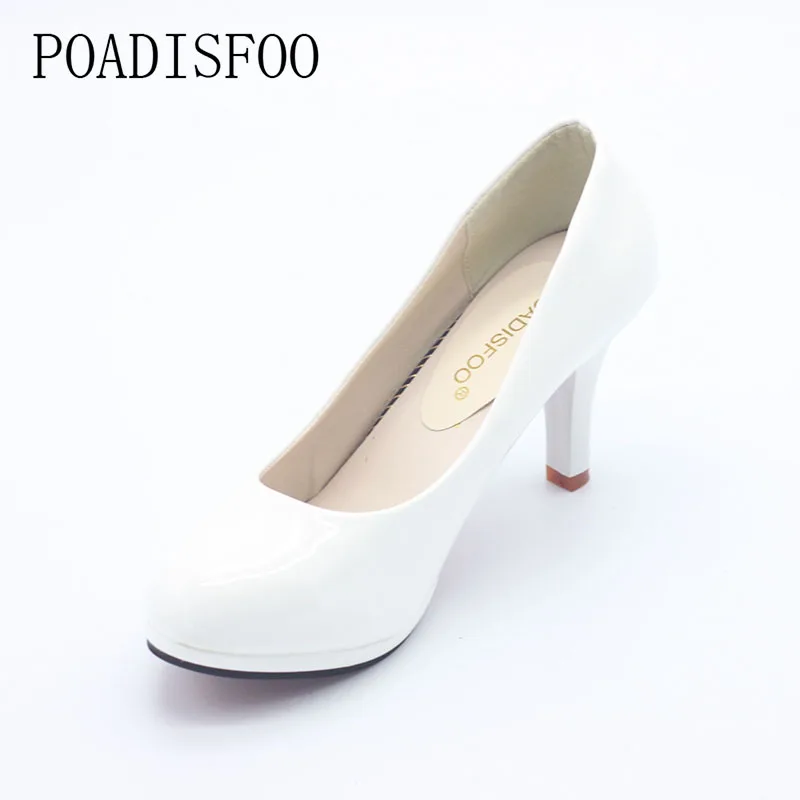 POADISFOO 2017 Classic Soft Flexible Office Pumps Round toe shoes White Red Med heels Pumps