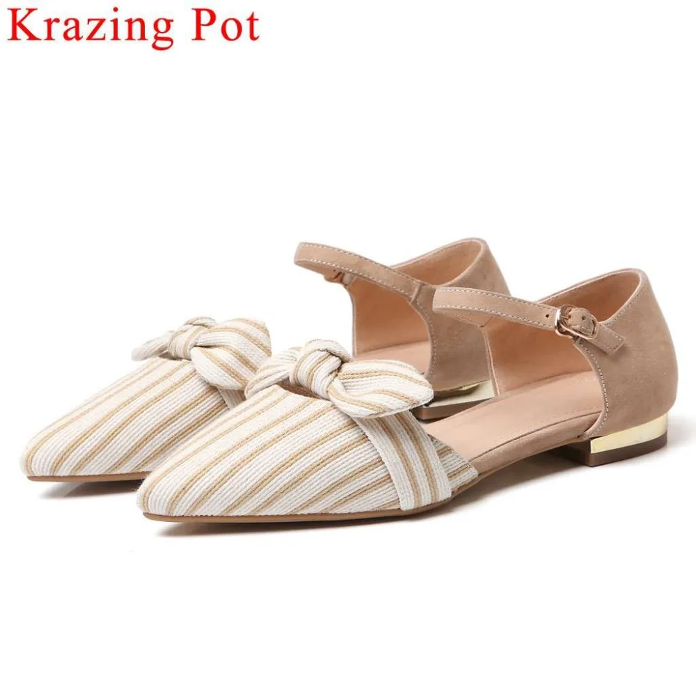 

Krazing Pot sweety girl fairy princess style striped butterfly-knot decoration pointed toe kid suede hollow women sandals L10