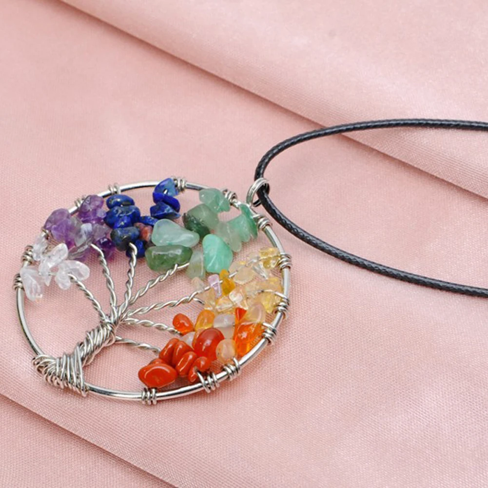 

Women Rainbow Tree Of Life Quartz Pendant Necklace Multicolor Wisdom Tree Natural Stone Necklace
