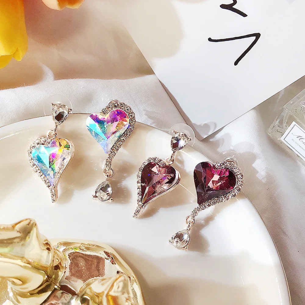 Модные женские Висячие серьги-капли с кристаллами, асимметричные серьги с кристаллами в форме сердца, богемные висячие серьги