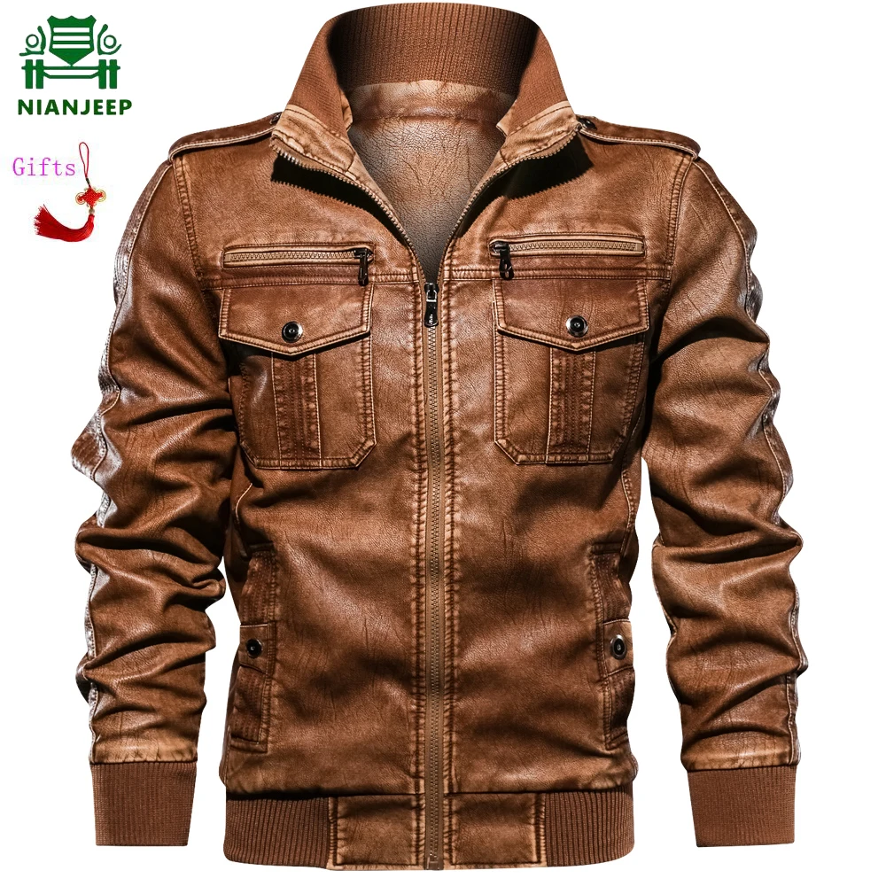 

NINAJEEP 2019 Men Brown black PU Military Jacket Casual Army Fitness Leather Coats Bomber Anti-Leather Jackets Chinese knot
