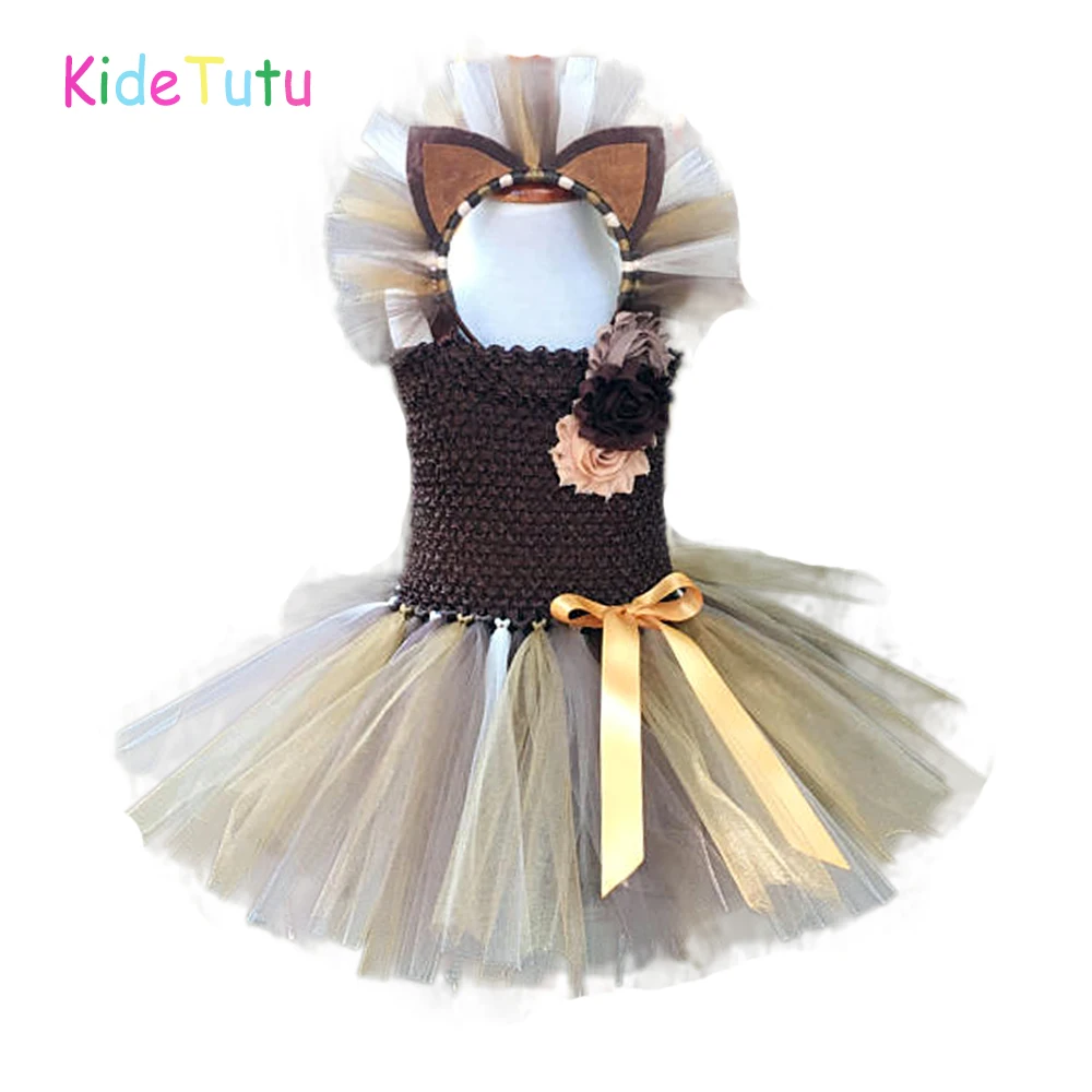 

Girl Brown Lion Tutu Dress Baby Girls Birthday Party Dress with Headband Kids Halloween Pageant Perform Animal Cosplay Costume