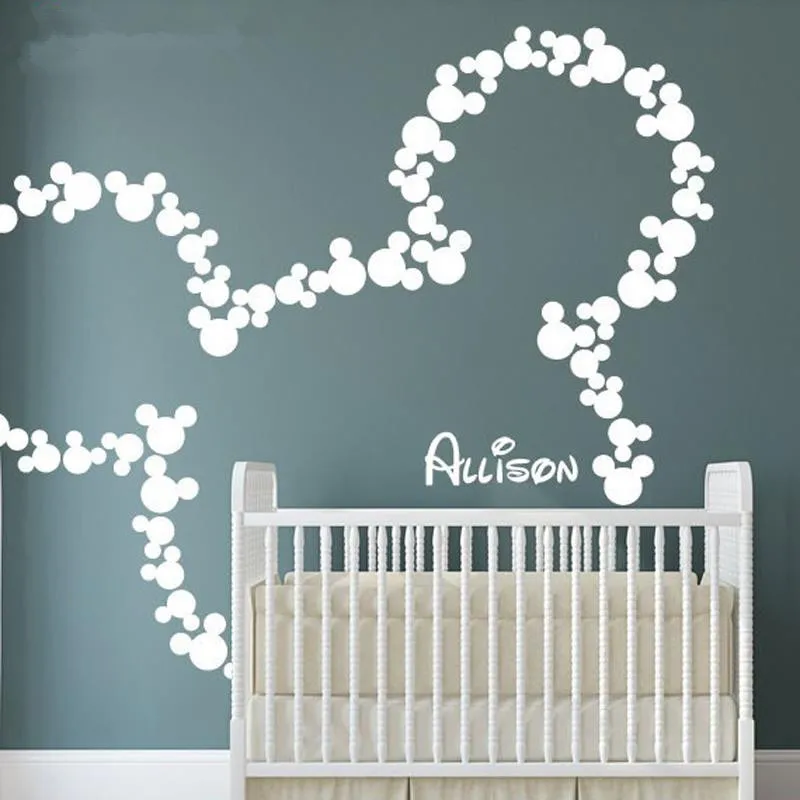 Online Pegatinas de pared de Mickey Mouse nombre personalizado del bebé Minnie Mouse inspirado calcomanías de pared de guardería niños habitación decoración Mural papel pintado D360