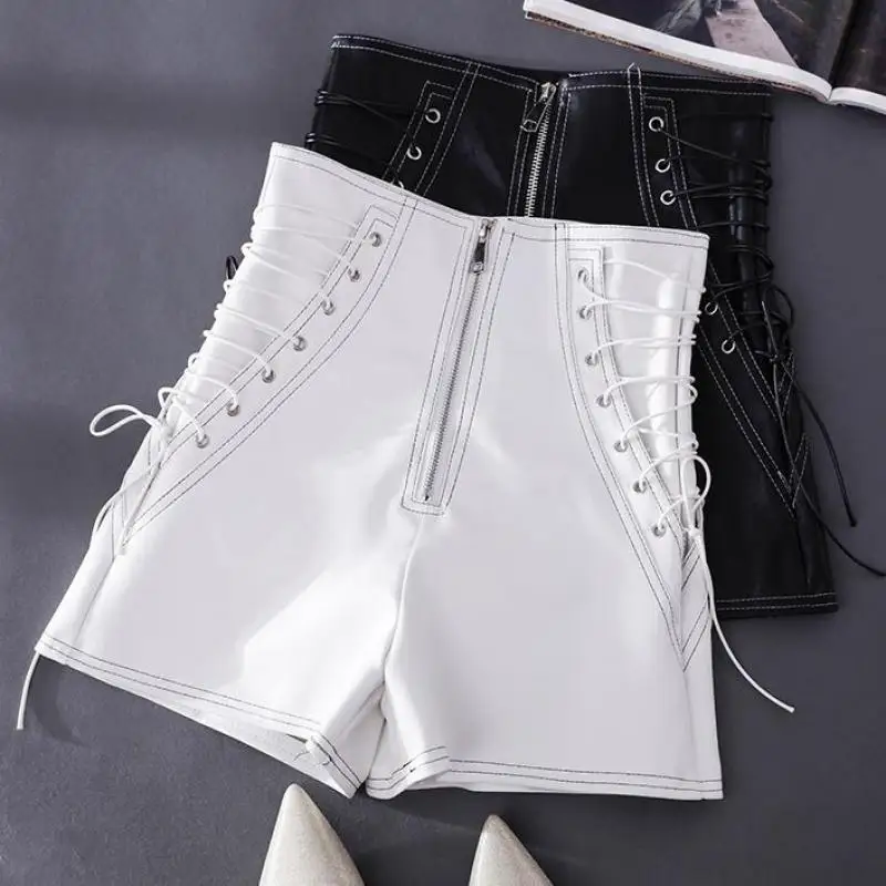 

Women fashion black white color pu leather shorts new spring zipper open pockets basic chic short leg T2