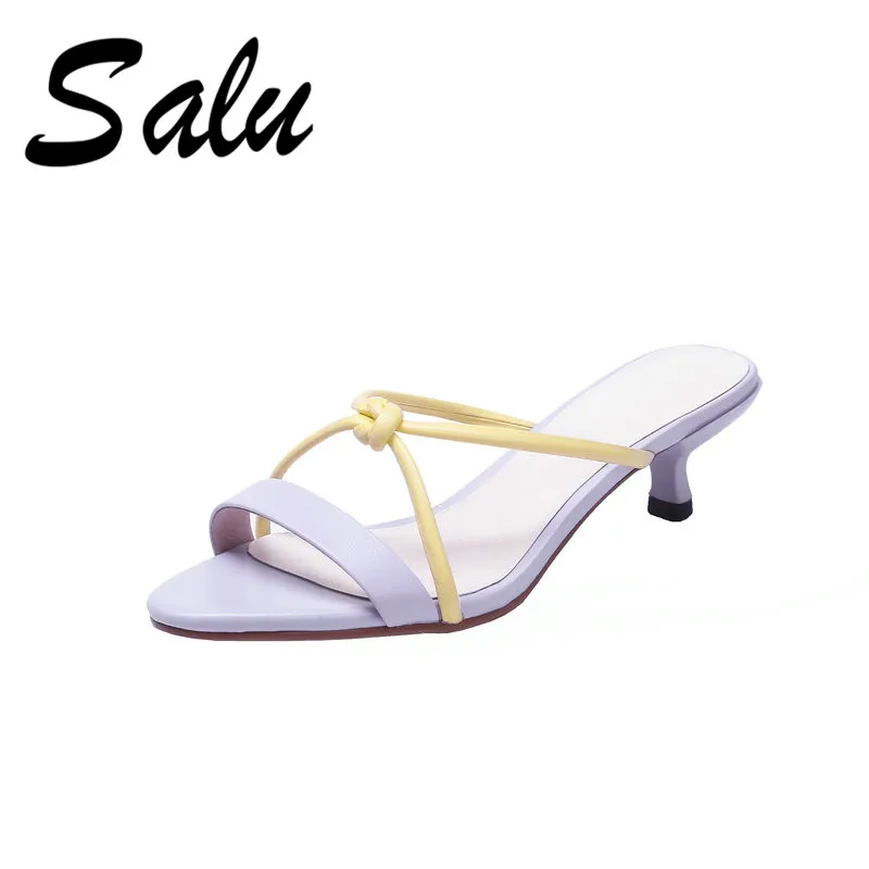 

Salu 2019 Women Sandals Summer Sheepskin Leather Open Toe Women's Sandals Heel Sexy Green Fashion Wedding Shoes Woman
