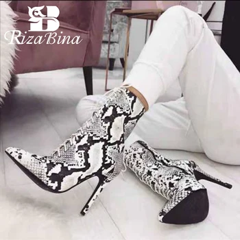

RizaBina Women Ankle Boots Brand Winter Sexy Snake Print Thin Heels Shoes Women Lacing Pointed Toe Party Footwear Size 36-41