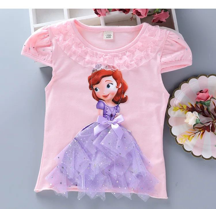 

Girls New Summer Princess T-Shirt Elsa Childen Cotton Tees Lace T Shirt 3D Diamond Appliques Kids Birthday Party Top Clothing