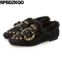 Металл женщин плоские Квадратный носок горный хрусталь Дамы красивые туфли кролик приукрашенный черный зима удобный красивая весенняя осень европейская отправка капель Мода последние