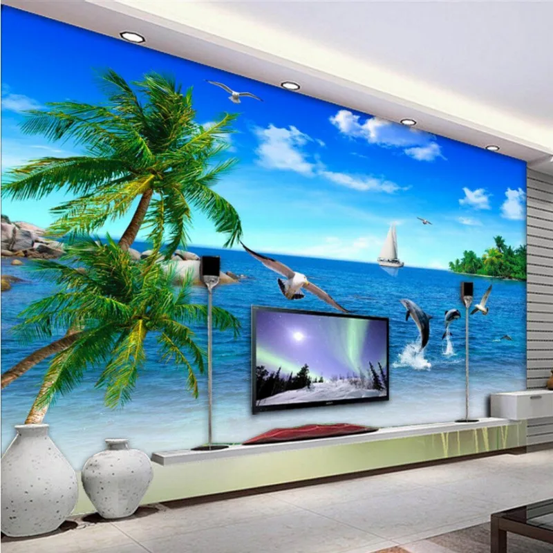 Custom 3D wall paper 3D stereoscopic 3D seagull seascape palm stereo 3D TV backdrop wallpaper