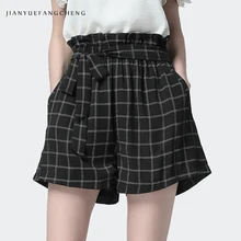Womens Summer Plaid Shorts Elastic High Waist Wide Leg Thin Chiffon Shorts With Belt Womens Summer Plaid Shorts Elastic High Waist Wide Leg Thin Chiffon Shorts With Belt