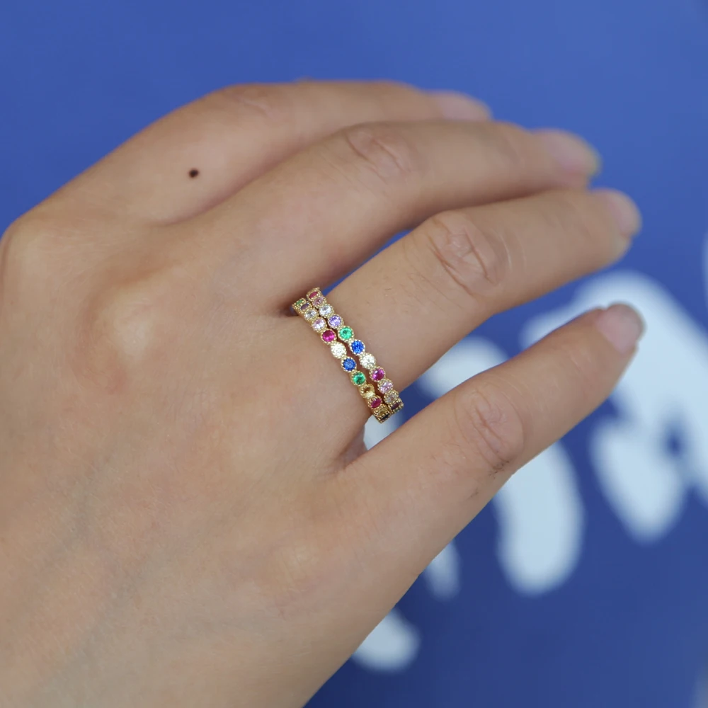 Genuine 925 Sterling Silver Rainbow Colorful CZ Stone Finger Rings For Women Luxury Gorgeous stack ring Party Jewelry Gift