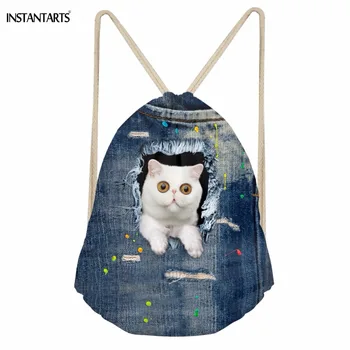 

INSTANTARTS Funny 3D White Pocket Denim Cats Printed Girls Boys Drawstrings Bags Softback Storage Backpacks Children Schoolbags