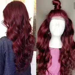 Simbeauty 99J объемная волна человеческих волос глубокая часть 13x6 Синтетические волосы на кружеве парики для Женский хвостик темно-красные