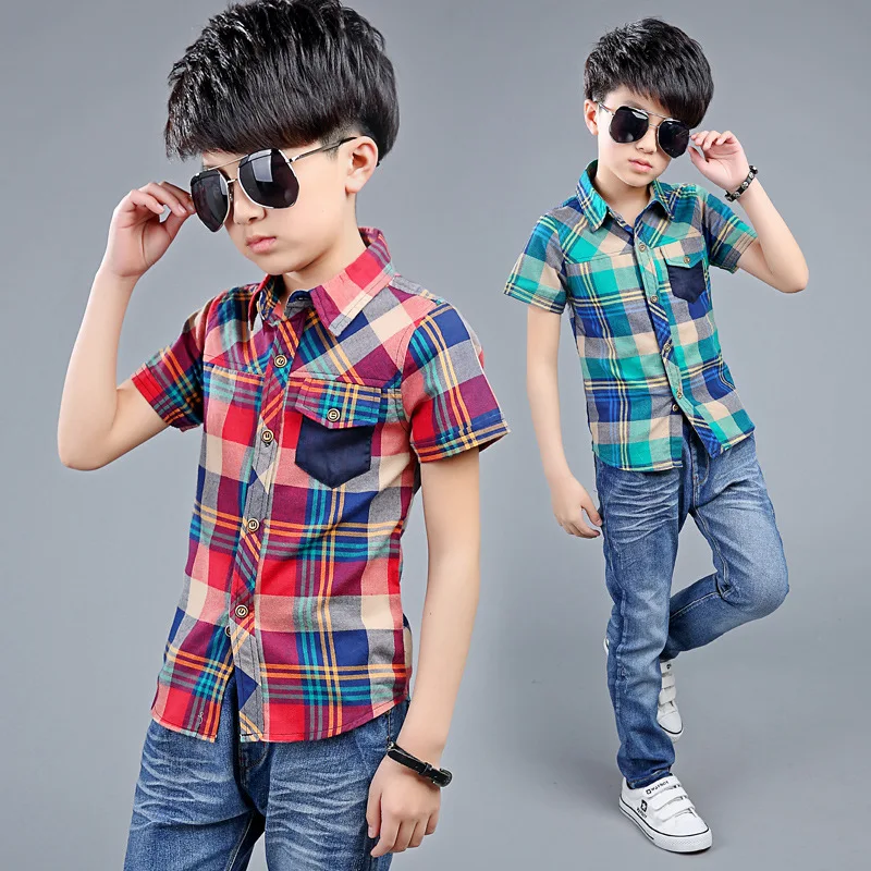Детские рубашки; коллекция года; модные корейские рубашки для мальчиков; приталенная рубашка с короткими рукавами и отворотами для маленьких мальчиков; roupas infantis menino
