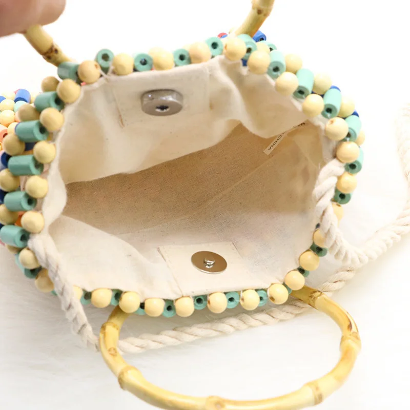 خرز زاهي الألوان حقيبة من القماش اللون اليد اللؤلؤ حقيبة كتف القش Crossbody حقيبة المرأة الراقية الأزياء الخشب حقيبة يد صغيرة