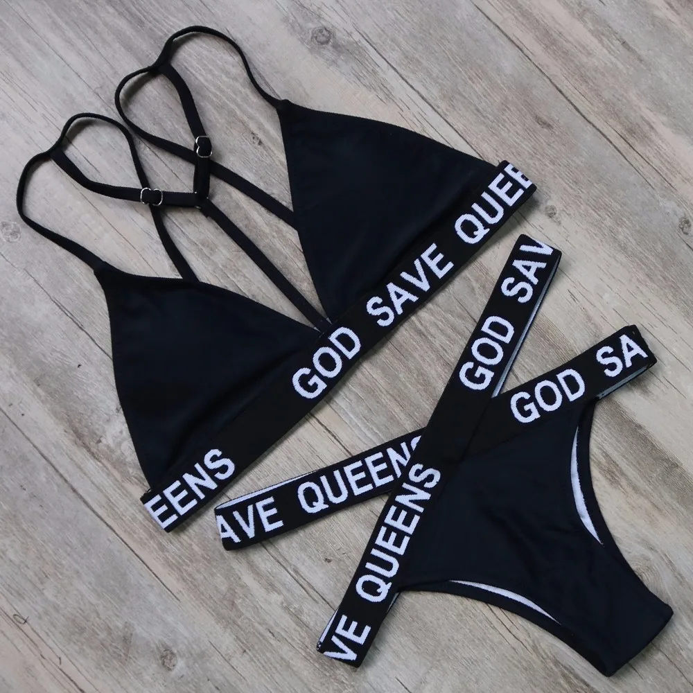 

Letter Print Bandage Bikinis Cross Strap Hanging Halter Bikini Women Brazilian Sexy Girl Push Up Swimwear Female Retro Swimsuit