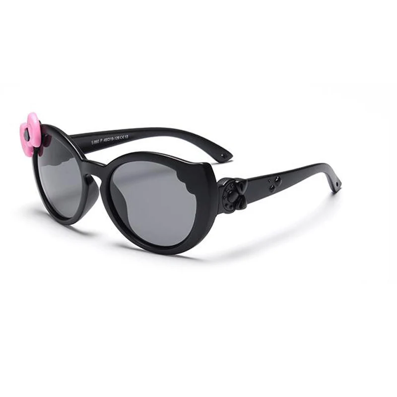 Модные маленькие кошачьи солнцезащитные очки с бантом, кошачий глаз, детские солнцезащитные очки для девочек, поляризационные милые поляризованные линзы, розовый цвет, подарок на день рождения, 860 - Цвет линз: matte black