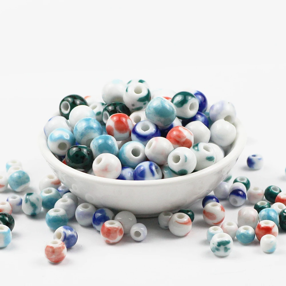 

JHNBY 100pcs Glaze Ceramic beads 6/8/10MM Round blue and white porcelain Loose beads for Jewelry bracelets making DIY Findings