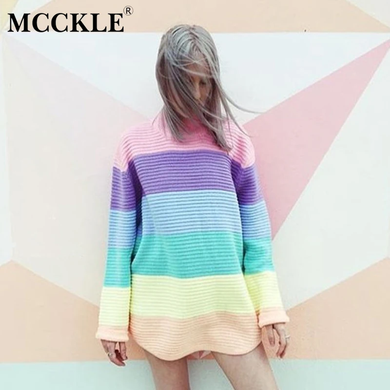 

MCCKLE Women Turtleneck Rainbow Sweater Color Stripes Casual Loose Knitted Pullover Female Soft Warm Autumn Multicolour Sweaters