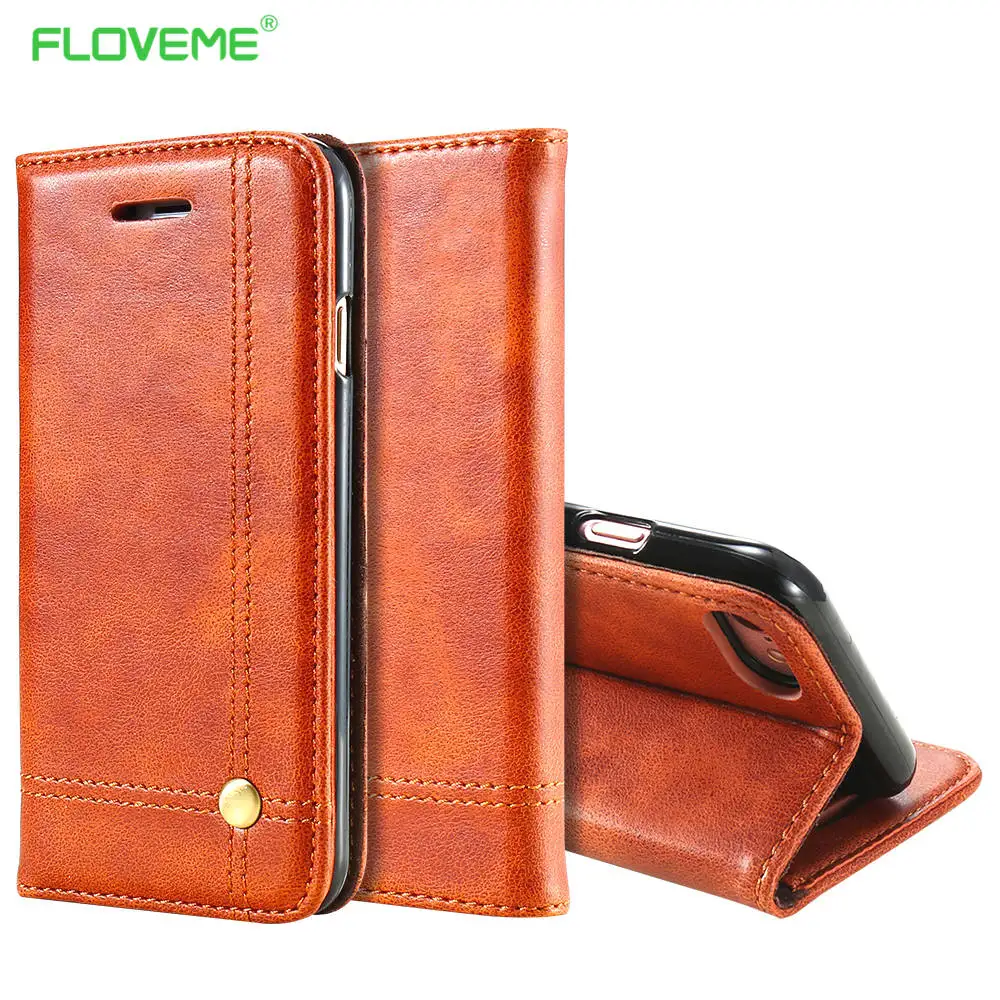 FLOVEME Phone Cases For iPhone 6 6s 7 7 Plus Luxury Men Flip Leather Brown Wallet Mobile Cover ...