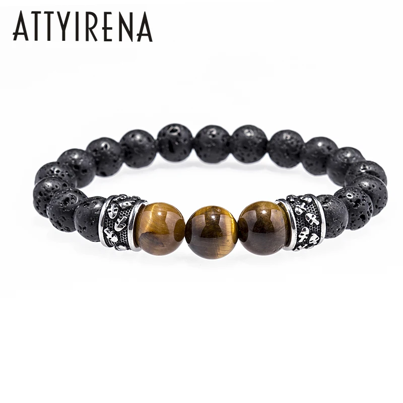 

ATTYIRENA Titanium Steel Skull Round Stopper Trendy Bracelets For Men Black Lave Stone Northskull 12MM Tiger Eyes Stone Jewelry