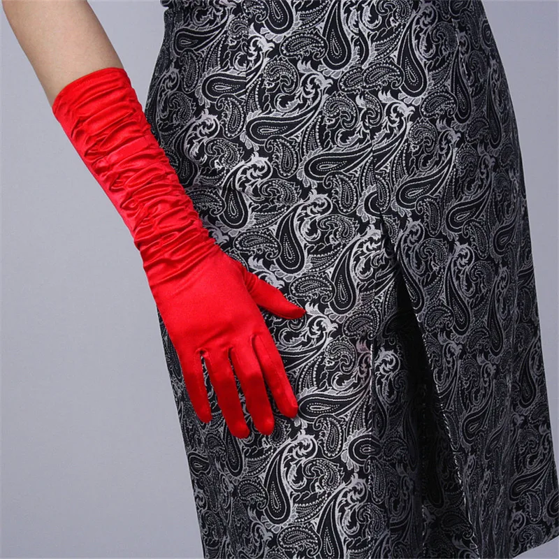 Satin Silk Gloves Pleated Elastic Silk Pearlescent Satin Red Long Elbow Female Vestido De Novia Woman's Gloves 38cm 50cm TB110