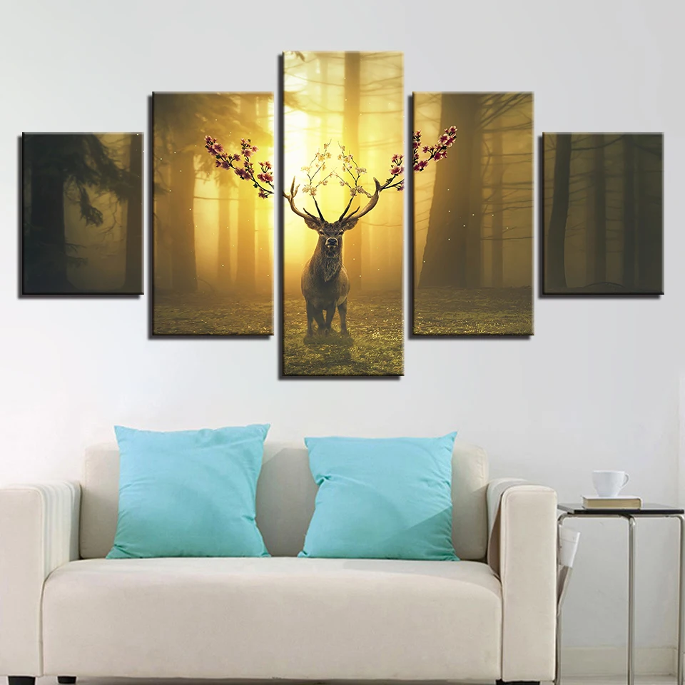 

Animal Prints Decor Living Room Wall Art 5 Pieces Deer In The Forest Sunshine Landscape Paintings Modular Canvas Pictures Poster