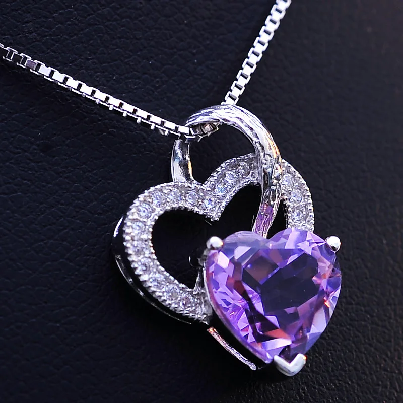 Utimtree, высокое качество, блестящее Двойное сердце, фиолетовые хрустальные подвески, ожерелье, s 925 пробы, серебряные ювелирные изделия, свадебное ожерелье