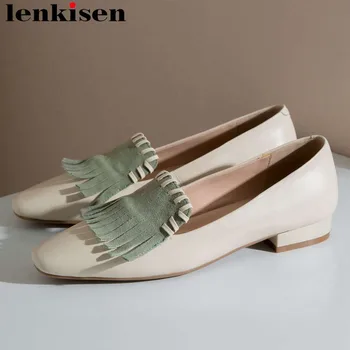 

Lenkisen genuine leatehr low heels slip on classic square toe loafers mixed colors British style tassel fringe shallow shoes L90