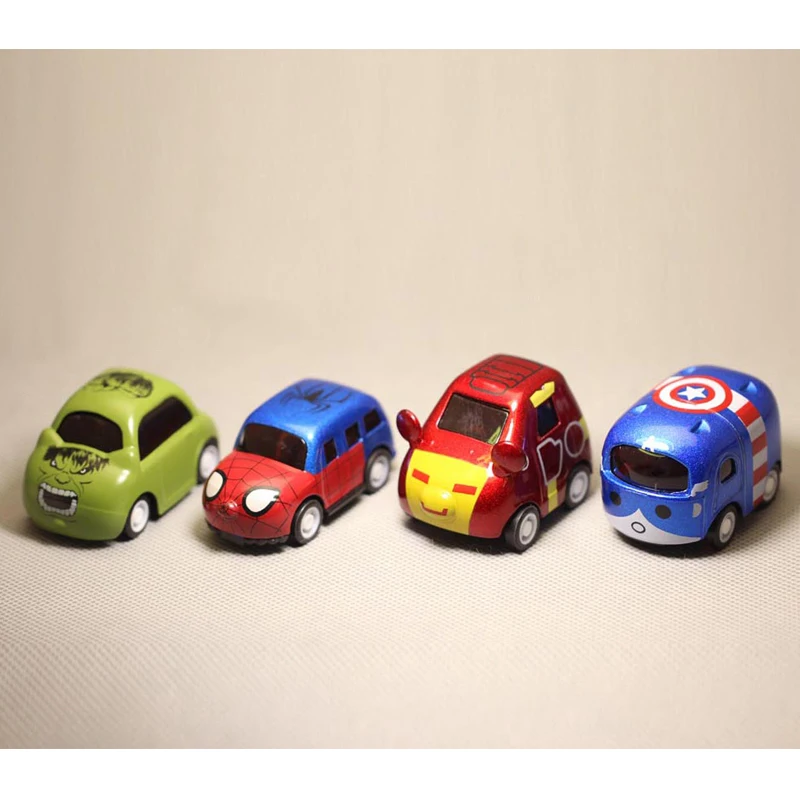 

Cartoon Q Version Vehicles Spiderman Iron man Hulk Captain America Car Action Figure Toy 4pcs/set 5-6cm