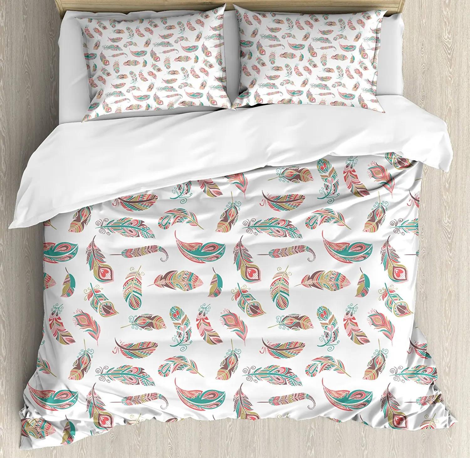 Indie Duvet Cover Set Ethnic Feathers with Colorful Style Ornaments