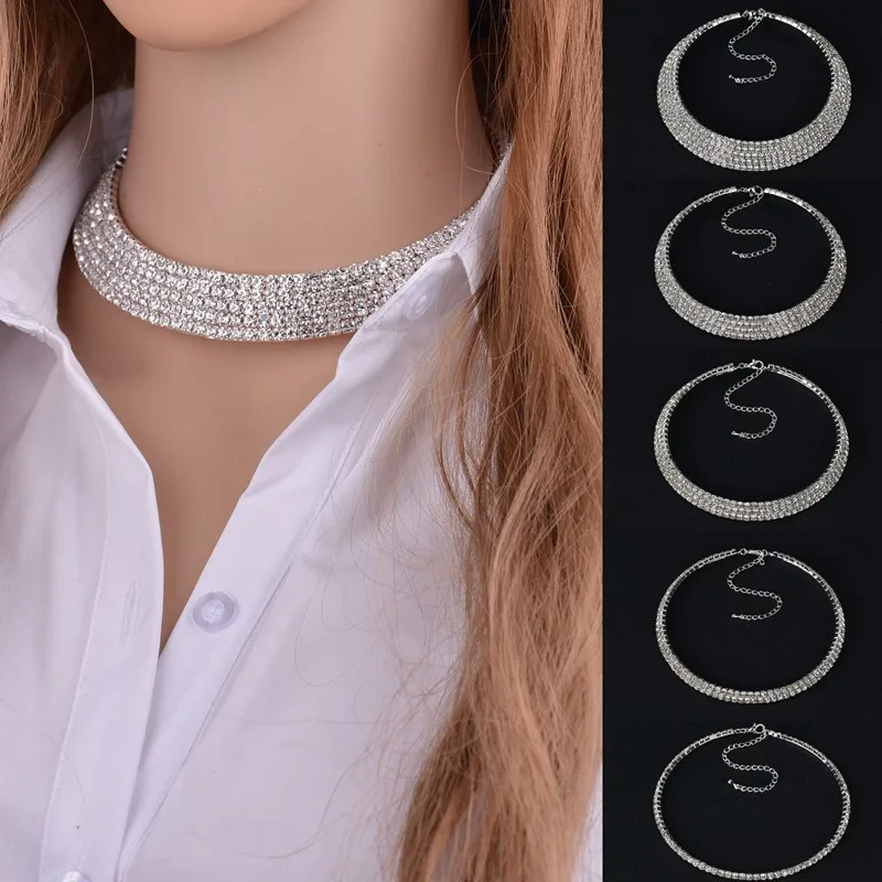 

MissCyCy Wedding Jewelry Rhinestone Necklace Women Gold Color 1-5 Rows Choker Necklace