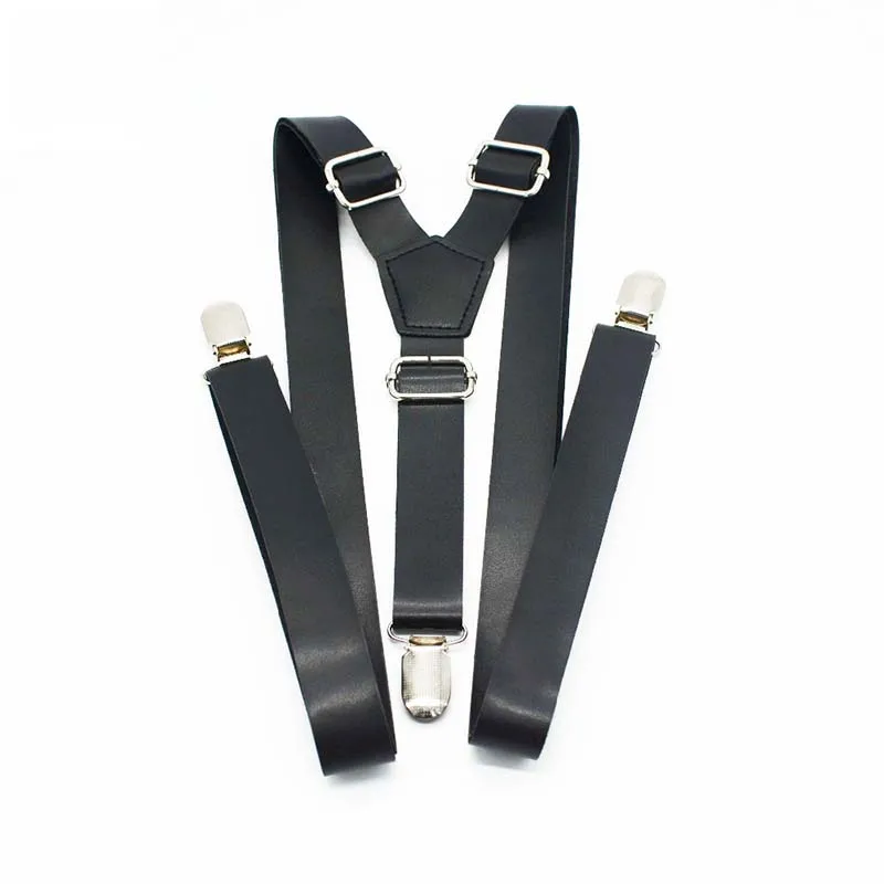 PU Leather Suspenders for Men Black Solid Pattern 3 Clips on Suspenders