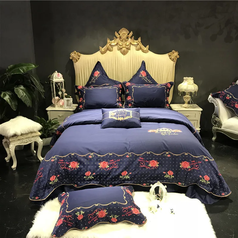 

Luxury 100S/1000TC Egyptian Cotton Red Rose Embroidery Palace Bedding Set Queen King Blue Duvet Cover Bed sheet/Linen Pillowcase