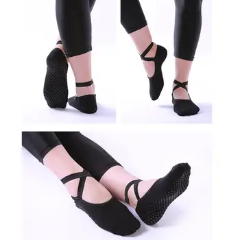 

Women Girls Yoga Sport Pilates Slipper Boat Socks Low Cut No Show Footprints PVC Dots Anti-Skid Grip Criss Cross Bandage Ballet