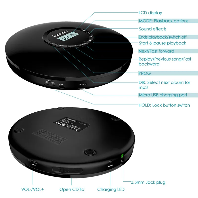 Круглый Стиль CD-плеер портативная гарнитура HiFi воспроизводитель музыки CD Walkman Discman плеер перезаряжаемый противоударный Lecteur CD