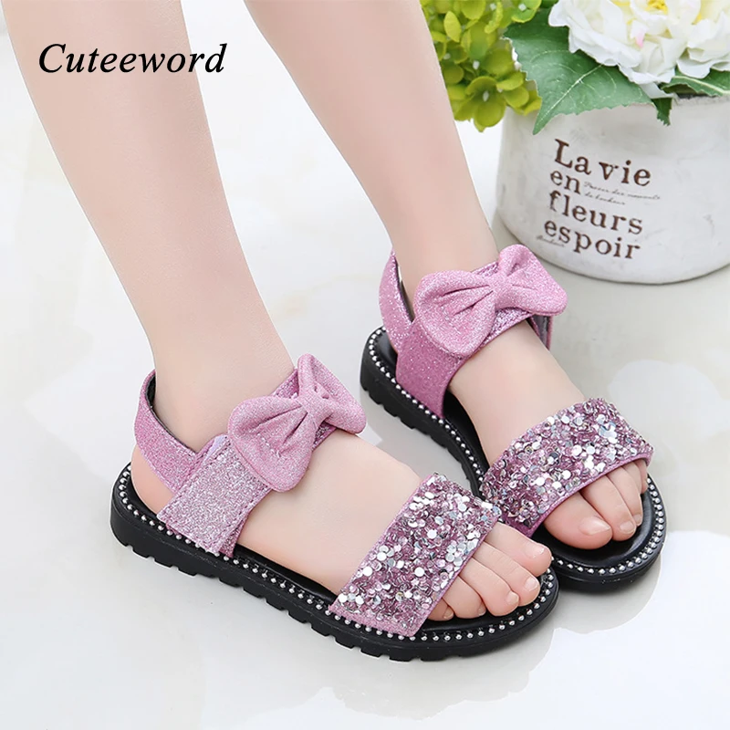 

Girls Sandals Summer Sequin Bow Kids Princess Shoes New Fashion Soft Bottom Flats Children Sandals Little Girl Beach Shoes
