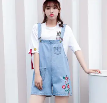 

Floral embroidery Washed Hole Denim Jumpsuit Romper Womens 2019 new Denim Coverall Playsuits loose denim short jeans pants gx218