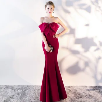 

Wine Red Cotton Bow Off Shoulder Sleeveless Novelty Elegant Long Dresses Sexy Mermaid Dress For Wedding Party Women Club Wear