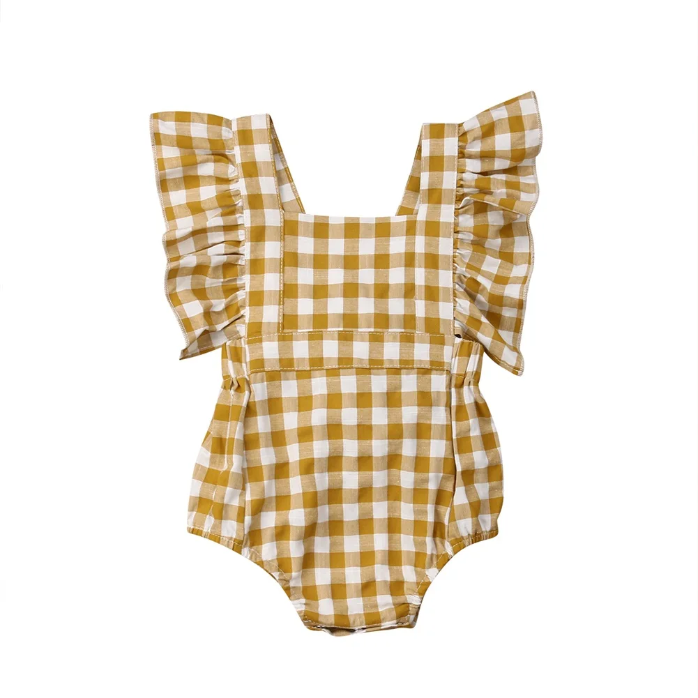 Желтый Клетчатый комбинезон для новорожденных, Летний комбинезон для маленьких девочек, Цельный купальник без спины