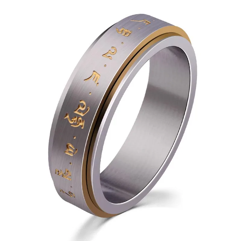 

Fashion Men Buddha Rotation Spinning Mantra Letter Ring Titanium Steel Fine Jewelry Gift KQS8