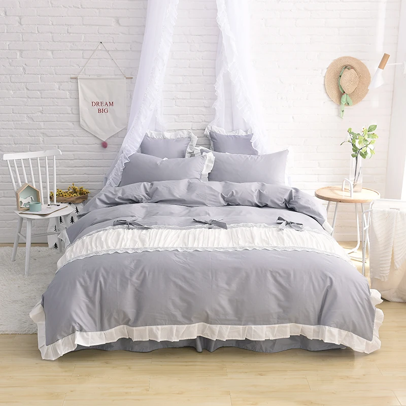 Princess Style Bedding Set Gray Bed Sheets White Duvet Cover