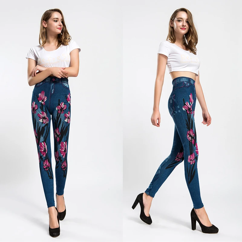 High Quality Women Autumn Work Out Elastic Leggings Plus Size Girls Moon Lip Flowers Printed Blue Black Ladies Legging Slim Pant