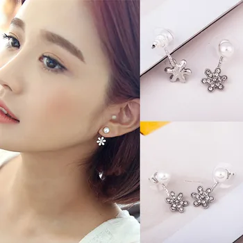 

10 pairs/lot Women Double Faced Stud Earring Simulated Pearl Crystal Snowflake Earrings Silver Flowers Charm Rhinestone Jewelry