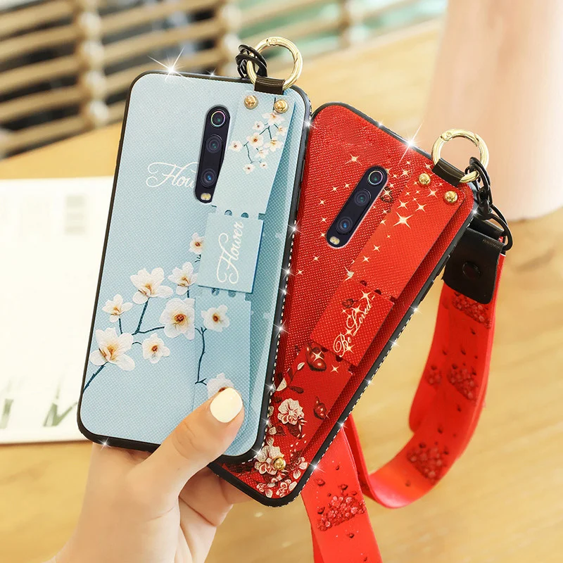 

For Xiaomi Mi 9T /Mi9T Pro Case Wrist Neck Strap Bracket Bling Jewelled Diamond Floral Soft Back Cover For Redmi K20 /K20 Pro