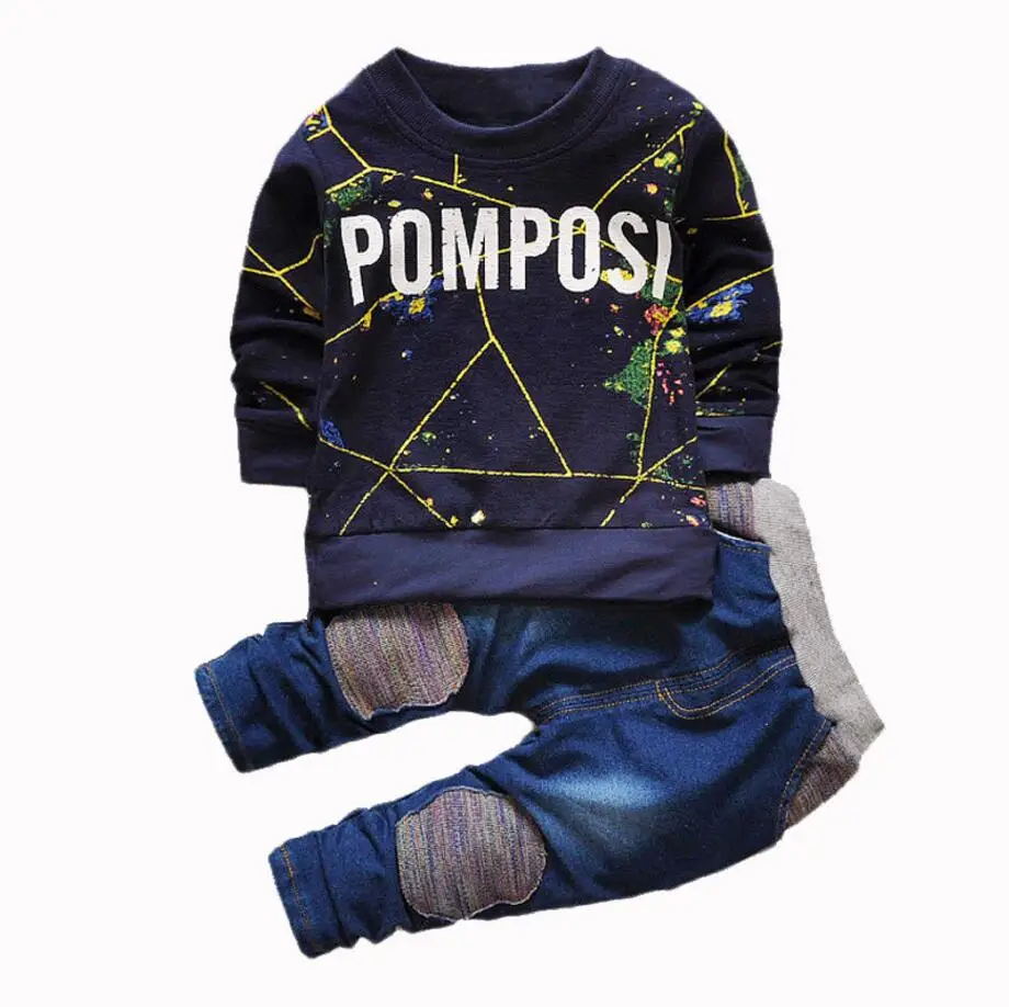 Комплекты модной детской одежды осенне-весенний джинсовый костюм для маленьких мальчиков, Хлопковое платье с длинными рукавами, рубашка+ брюки, джинсы - Цвет: Синий