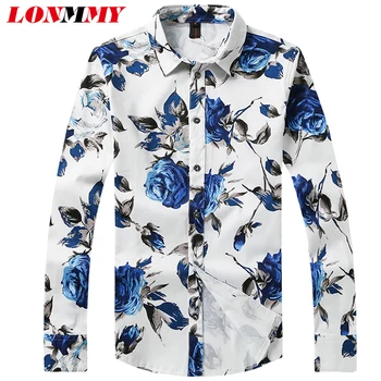 

LONMMY Plus size M-5XL Flower Shirts men Cotton Long sleeve men shirt Floral Camiseta masculina slim fit mens dress shirts 2018